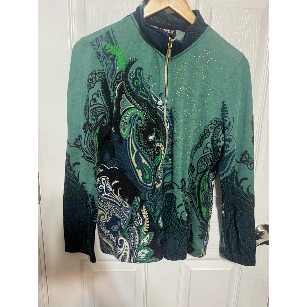Granny core Onque Casual Paisley Rhinestone Quarter Zip Pullover Sweater L